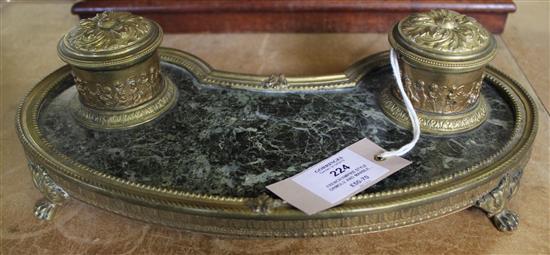 A French Empire style ormolu and marble kidney shape inkstand, 12.5in.